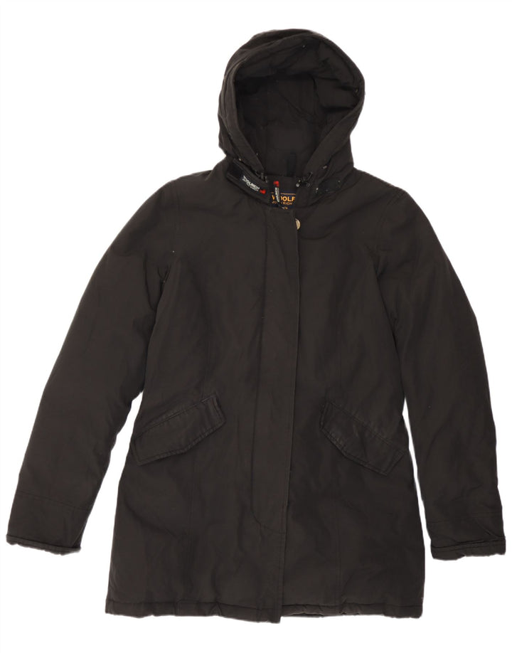 Woolrich Wattierter Damenmantel mit Kapuze, UK 14, mittelschwarze Baumwolle