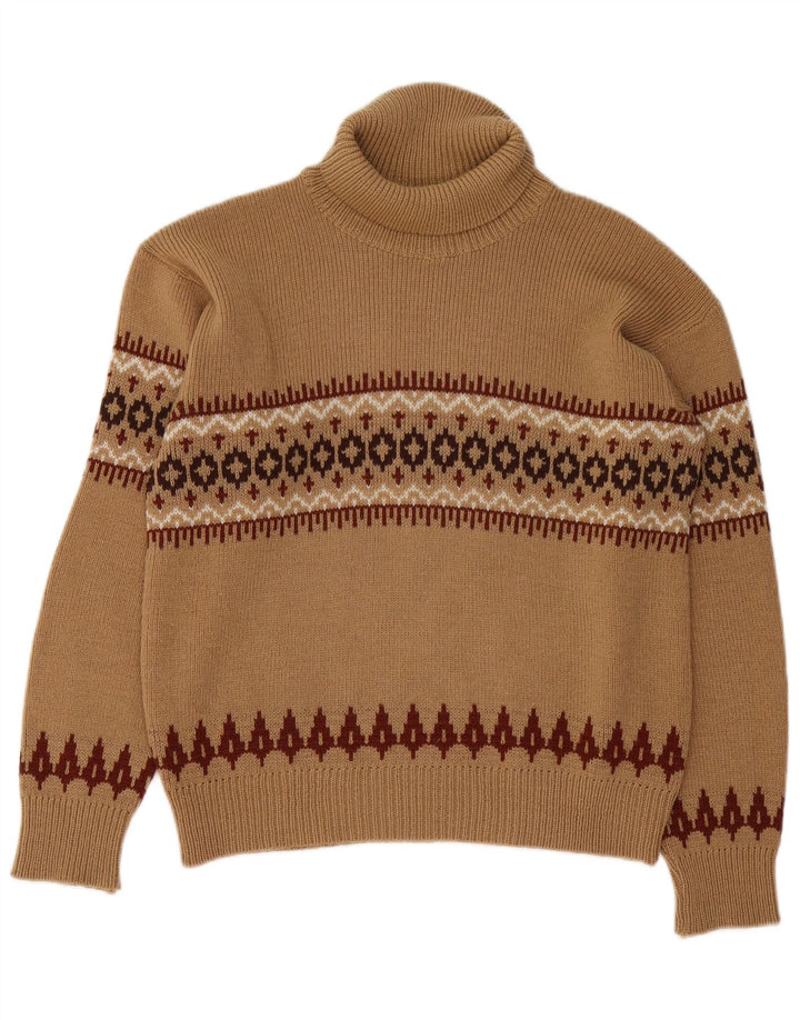 Vintage Damen Rollkragenpullover Pullover UK 14 Mittelbraun Fair Isle