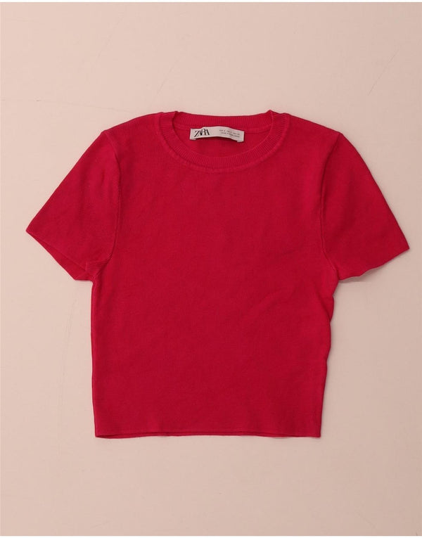 ZARA Damen Crop Short Sleeve Crew Neck Pullover Pullover UK 8 Small Pink