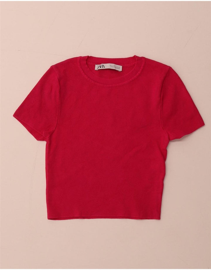 ZARA Damen Crop Short Sleeve Crew Neck Pullover Pullover UK 8 Small Pink