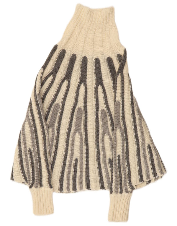 VINTAGE Womens Poncho Jumper UK 12 Medium Off White Striped