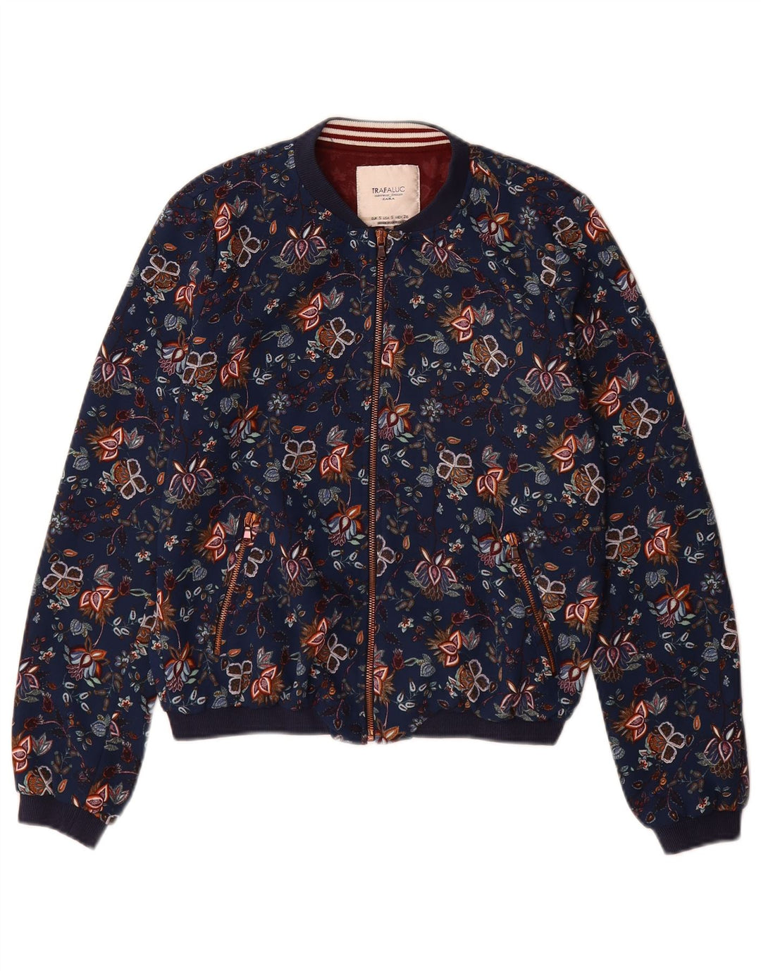 Zara Damen Trafaluc Bomberjacke UK 10 Small Marineblaues Blumenmuster aus Polyester
