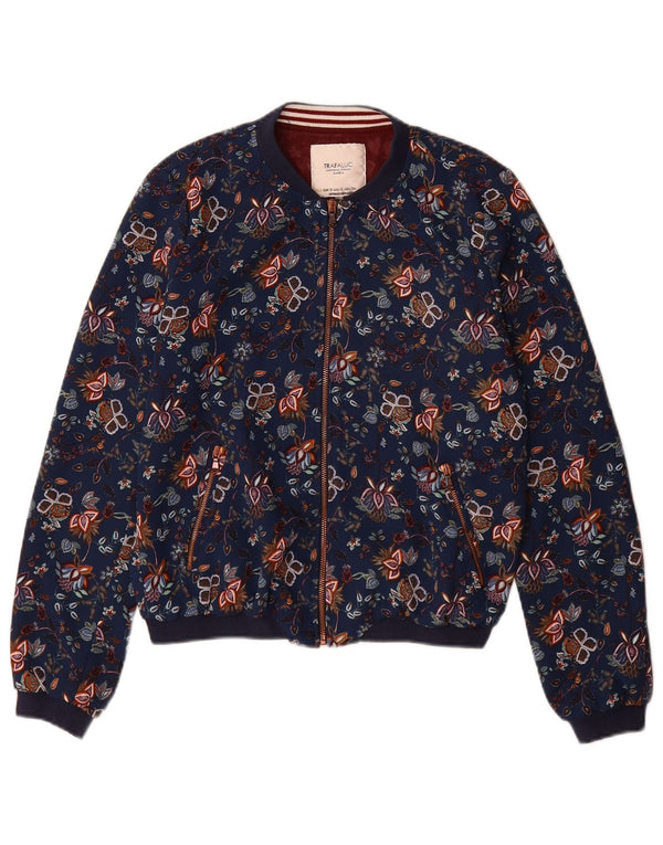 Zara Damen Trafaluc Bomberjacke UK 10 Small Marineblaues Blumenmuster aus Polyester