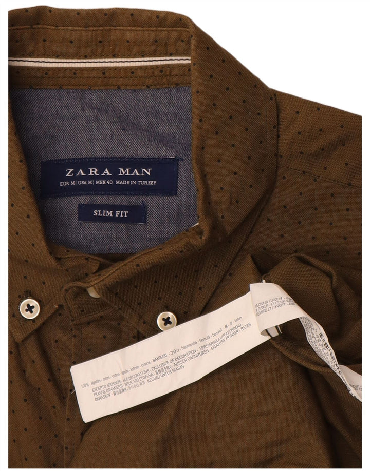 Zara Herren-Slim-Fit-Hemd aus mittelkhakifarbener, gepunkteter Baumwolle