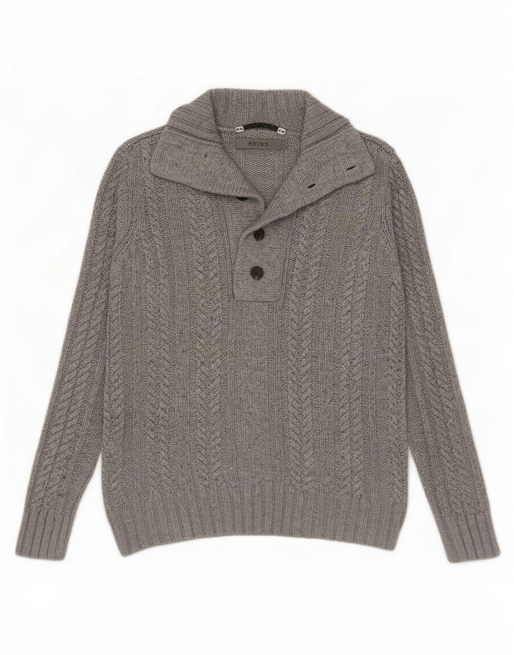 Reiss Herren-Pullover mit Knopfkragen, Größe S, graue Viskose