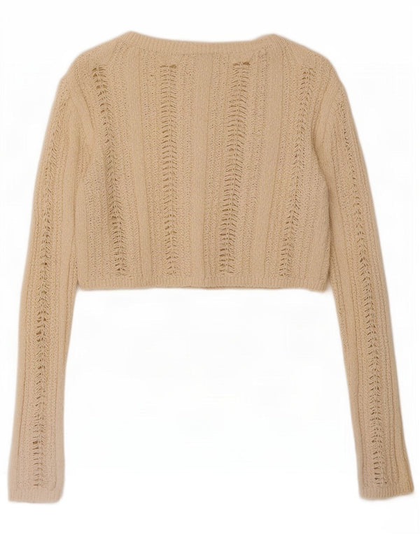 Zara Damen Crop Cardigan Pullover UK 10 Small Beige Baumwolle