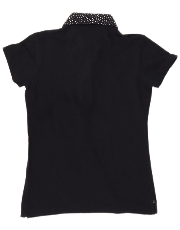 WOOLRICH Damen-Poloshirt mit schmaler Passform, UK 12, mittelmarineblau gepunktete Baumwolle