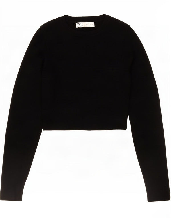 Zara Damen Crop Top Langarm UK 12 Medium Schwarz Viskose