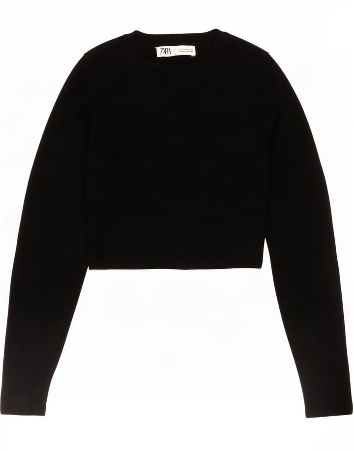 Zara Damen Crop Top Langarm UK 12 Medium Schwarz Viskose