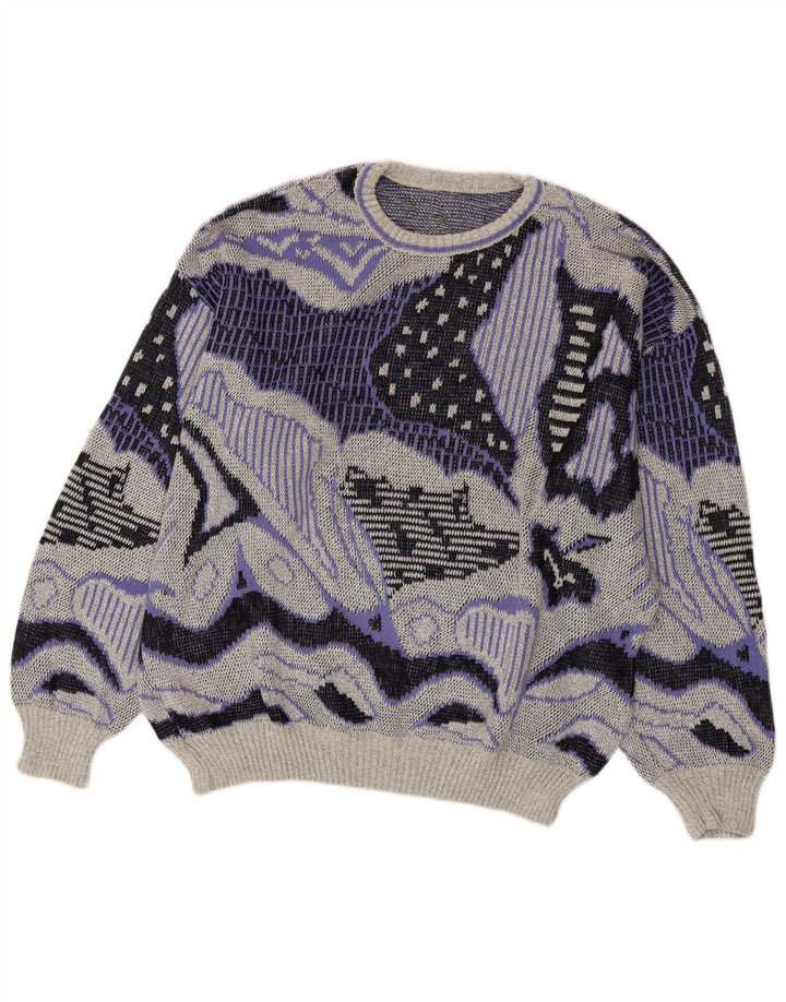 VINTAGE Damen Pullover mit abstraktem Muster und Rundhalsausschnitt, UK 20 2XL Grau