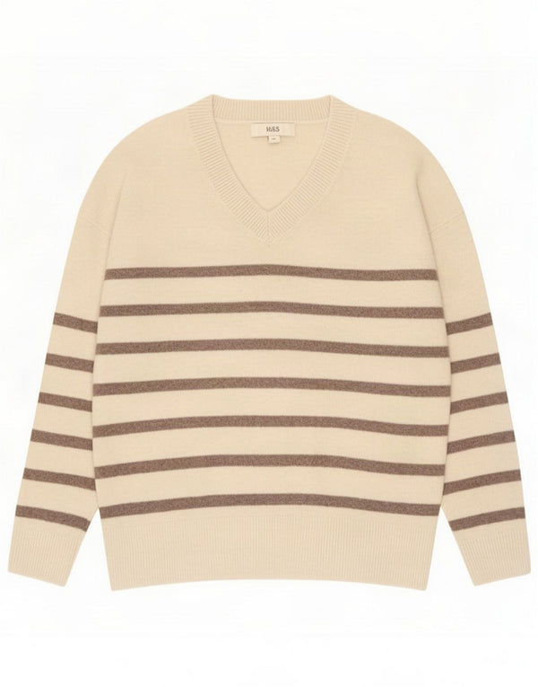 Marks & Spencer Damen Pullover mit V-Ausschnitt UK 14 Mittelbeige gestreift