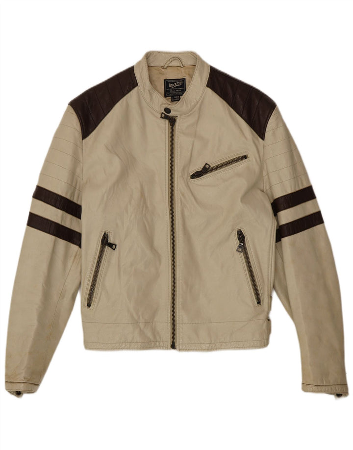 Gas Herren Leder Racer Jacke UK 40 Large Beige Colourblock