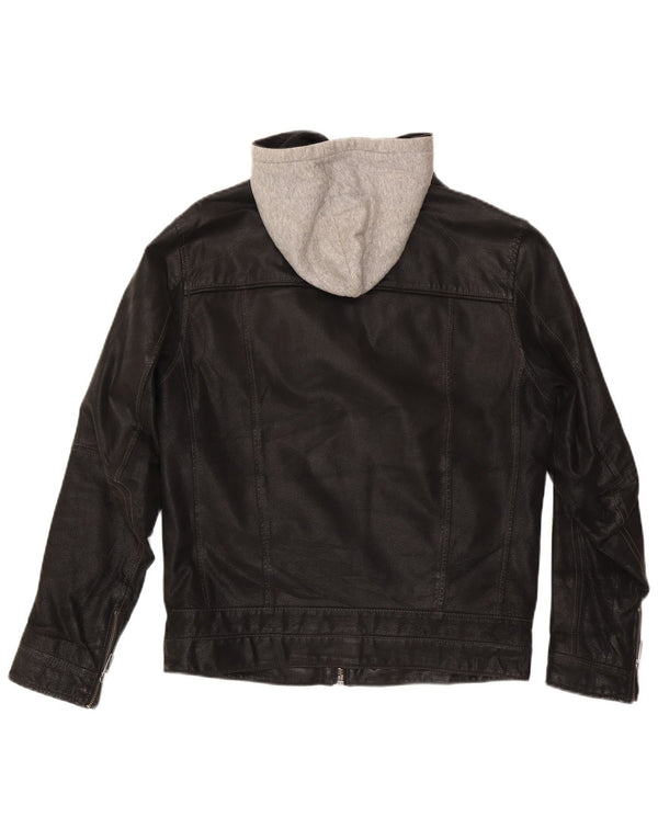 Angelo Litrico Herren-Lederjacke mit Kapuze, UK 36, Small, Schwarz, Farbblock