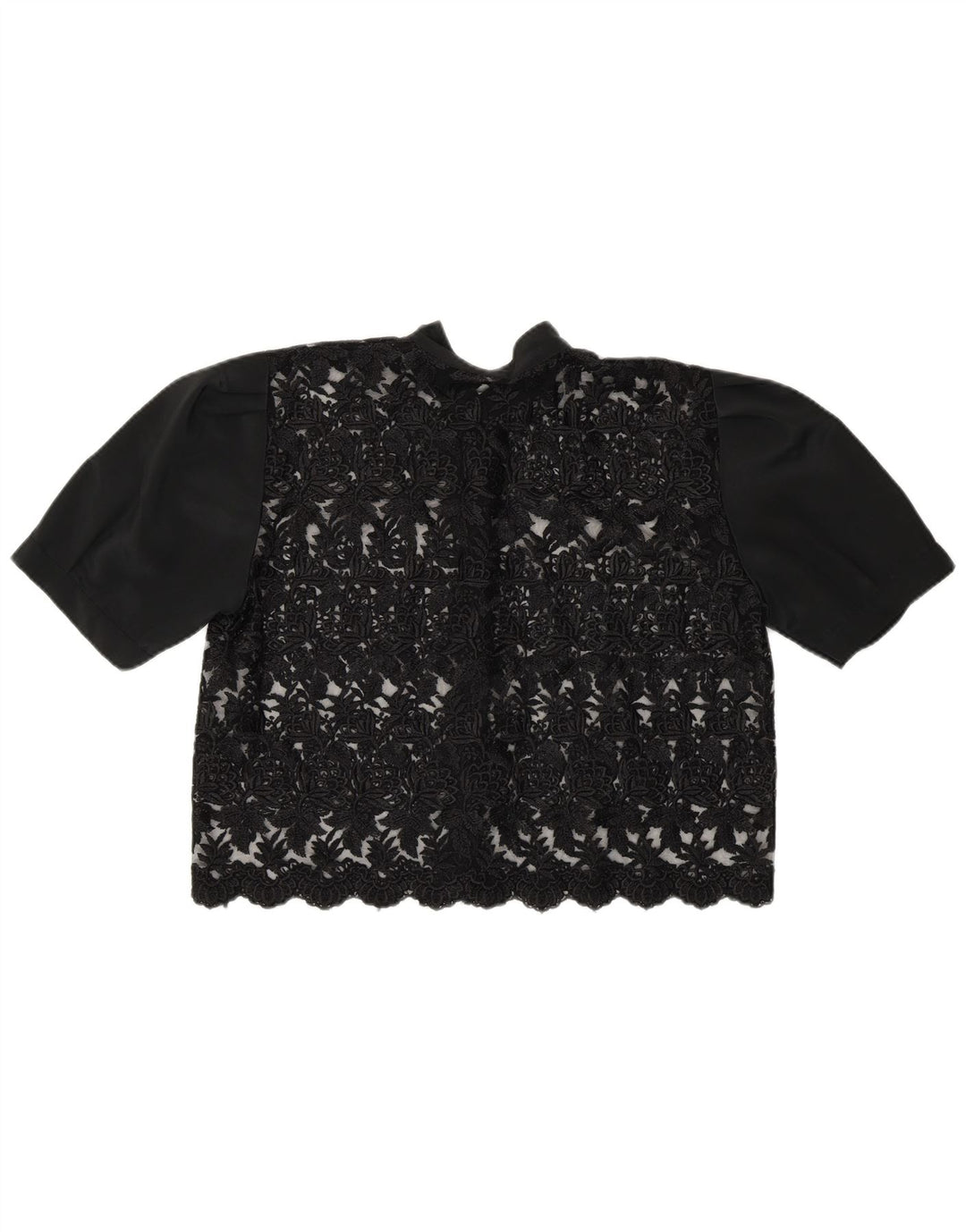 Vintage Damen Crop See Through Hemdbluse UK 14 Mittelschwarz geblümt