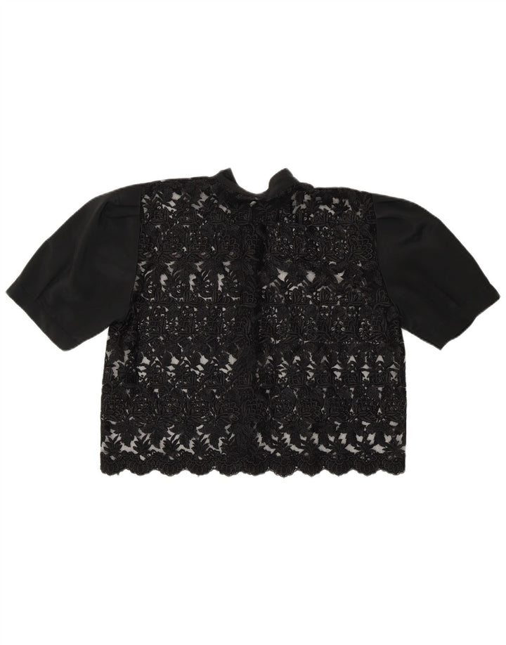 Vintage Damen Crop See Through Hemdbluse UK 14 Mittelschwarz geblümt