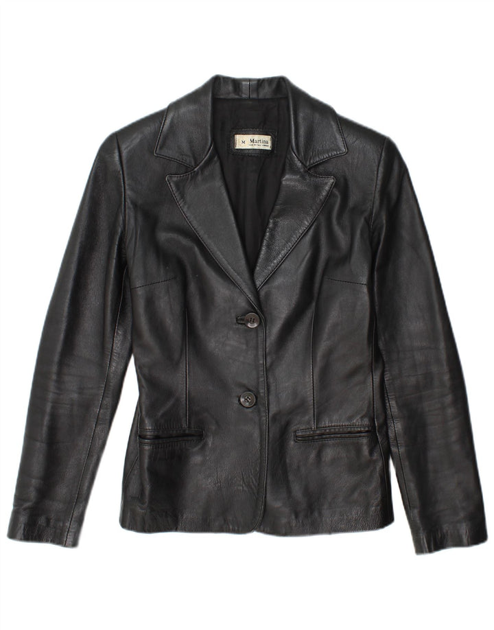 Vintage Damen 2-Knopf-Lederblazerjacke UK 12 Mittelschwarz