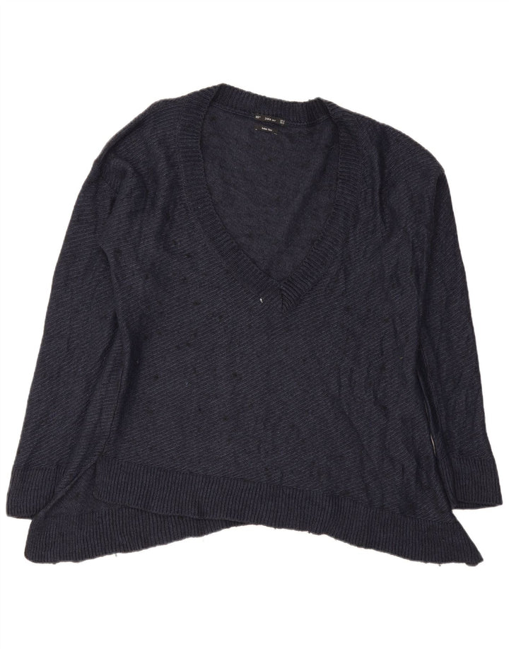 Übergroßer Damen-Pullover mit V-Ausschnitt von Zara, Gr. 14, mittleres Marineblau meliert