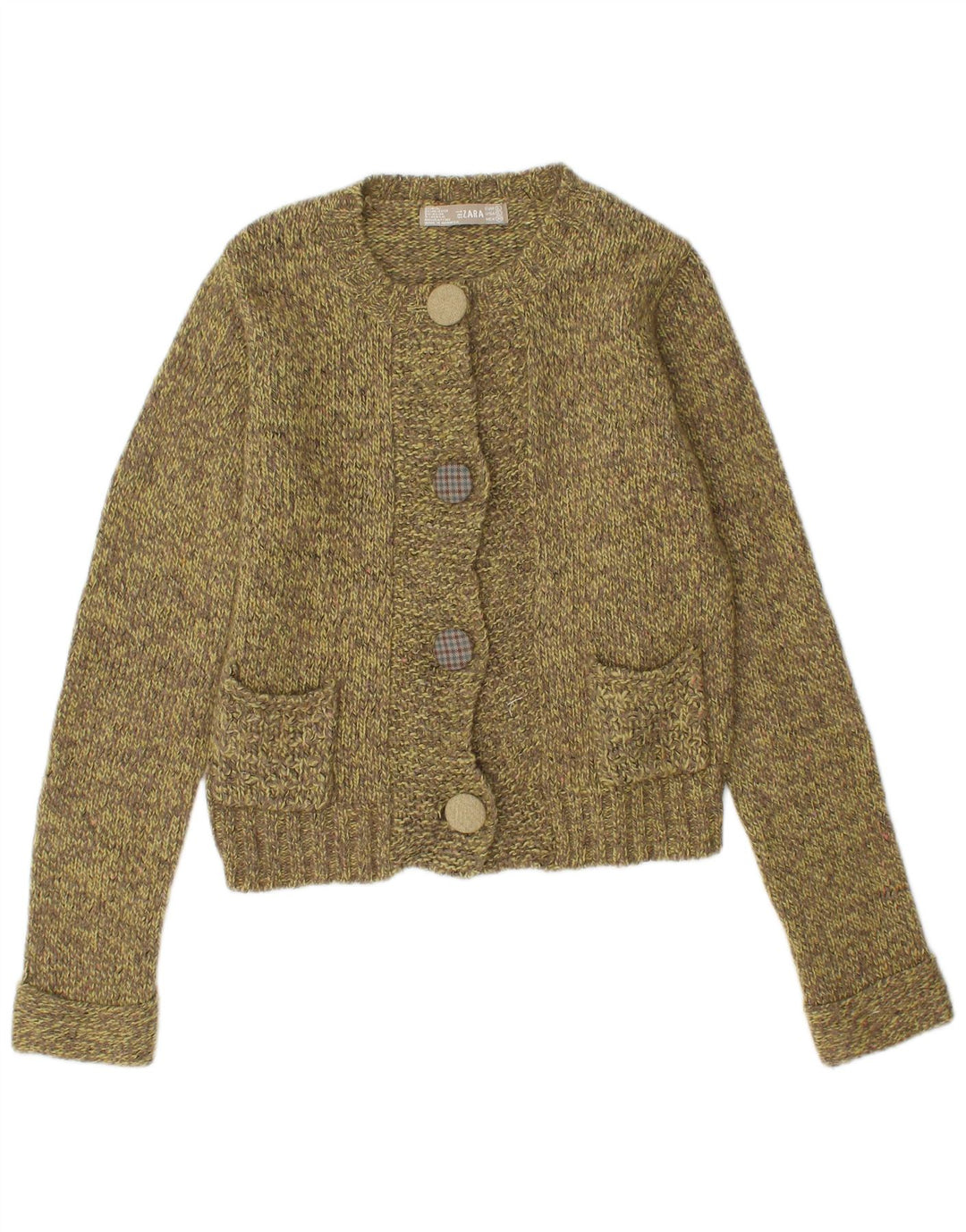 ZARA Damen-Cardigan-Pullover UK 14 Große Khaki-gefleckte Wolle