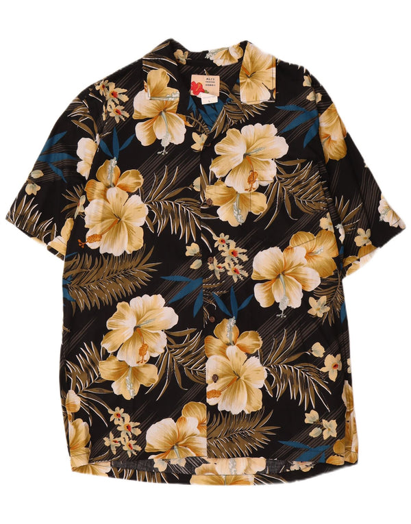 Vintage Herren Kurzarmhemd, groß, schwarz, geblümt, Baumwolle, hawaiianisch