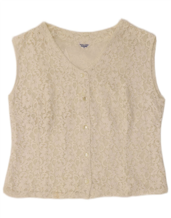 VINTAGE Damen Crop Ärmelloses Hemdbluse IT 50 XL Off White Floral