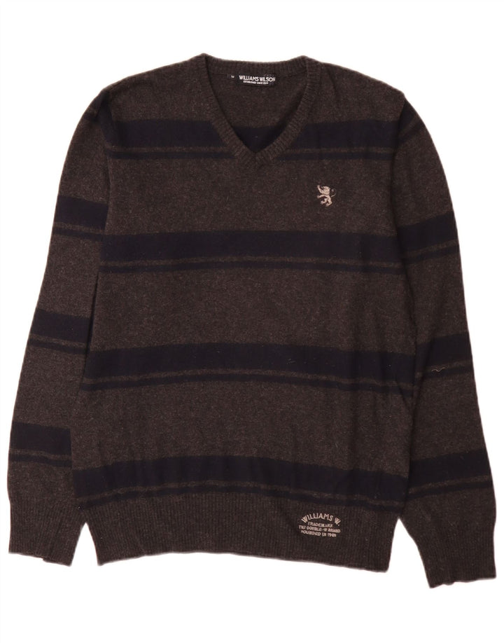 Williams Wilson Herren-Pullover mit V-Ausschnitt aus mittelgrauer, gestreifter Merinowolle