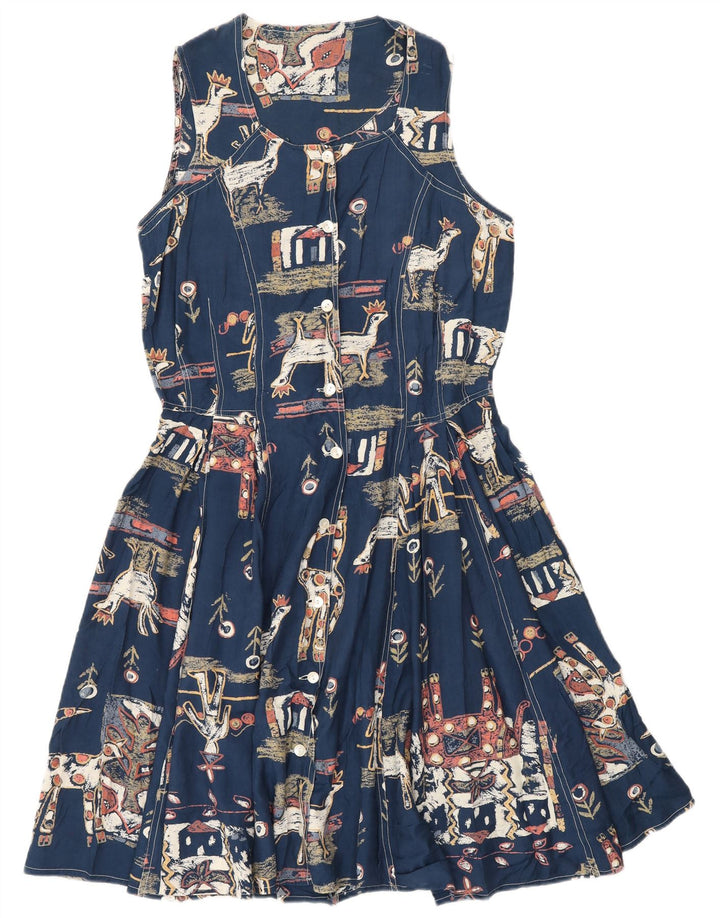 Vintage Damen Kleid in A-Linie mit abstraktem Muster, UK 12, mittleres Marineblau