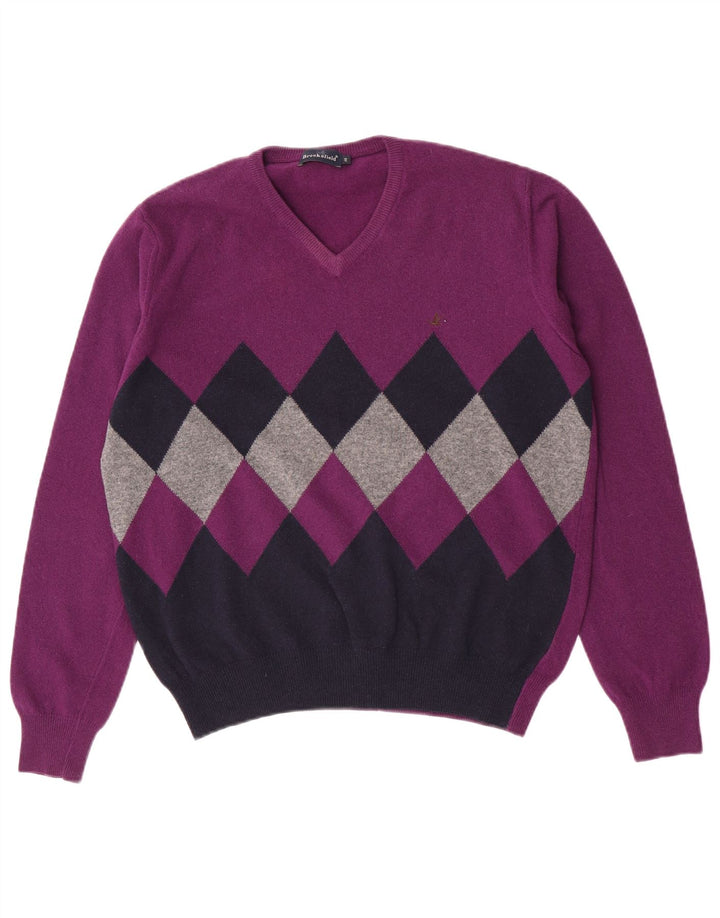 Brooksfield Herren-Pullover mit V-Ausschnitt, Größe 48, mittelviolett, Argyle/Diamant