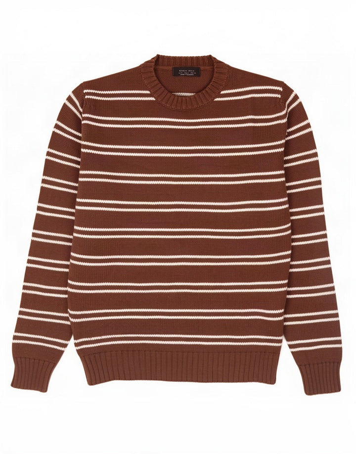 Zara Herren-Pullover mit Rundhalsausschnitt, mittelbraun, gestreift, Baumwolle