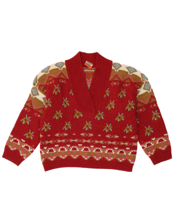 STEFANEL Womens Oversized V-Neck Jumper Sweater UK 10 Small Red Fair Isle Vintage Stefanel and Second-Hand Stefanel from Messina Hembry 
