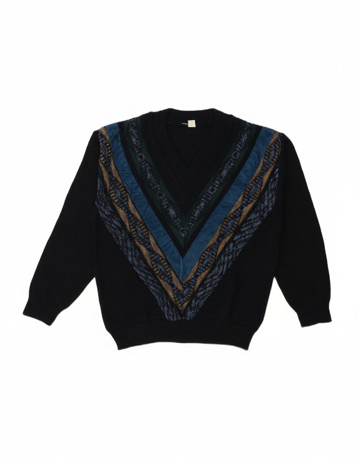 VINTAGE Mens V-Neck Jumper Sweater IT 48 Medium Navy Blue Chevron