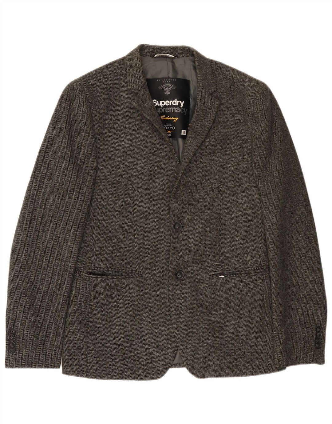 Superdry Herren-Blazer mit 2 Knöpfen, UK 38, mittelgrau, Fischgrätenmuster