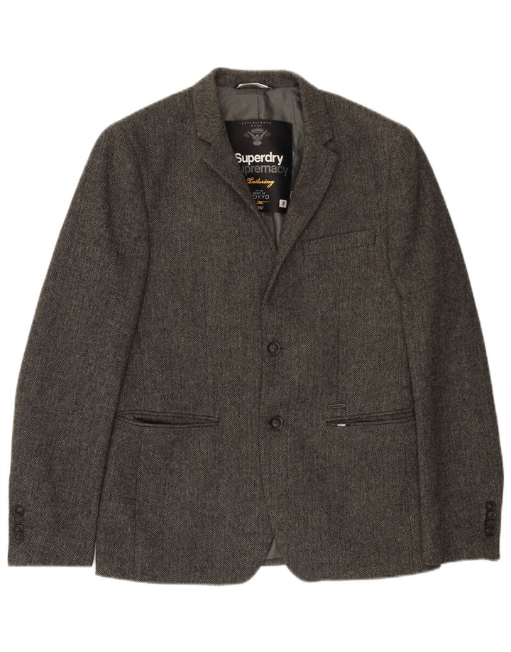 Superdry Herren-Blazer mit 2 Knöpfen, UK 38, mittelgrau, Fischgrätenmuster