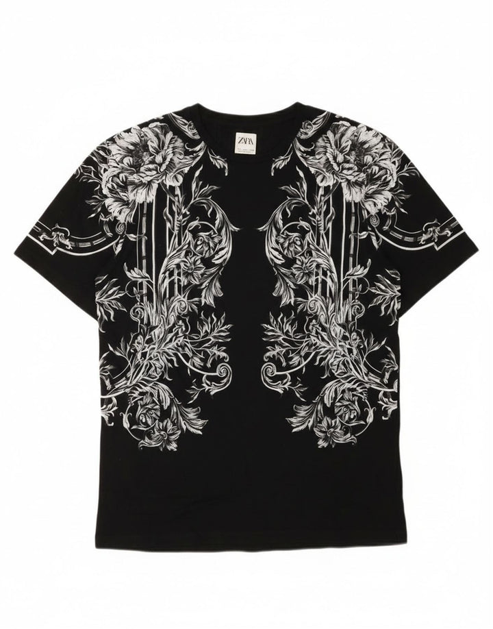 Zara Herren-T-Shirt mit Grafik, groß, schwarz, geblümt