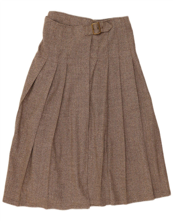 Vintage Damen Faltenwickelrock IT 44 Medium W30 Braunes Fischgrätenmuster