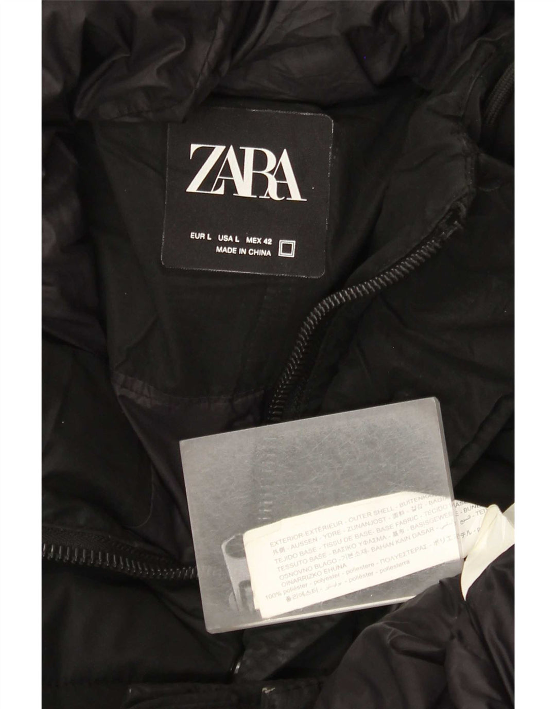 Zara Herren-Mantel mit Kapuze, gepolstert, UK 40, Größe L, Schwarz, Polyester