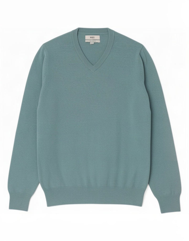Marks & Spencer Herren-Pullover mit V-Ausschnitt aus mittelblauer Baumwolle