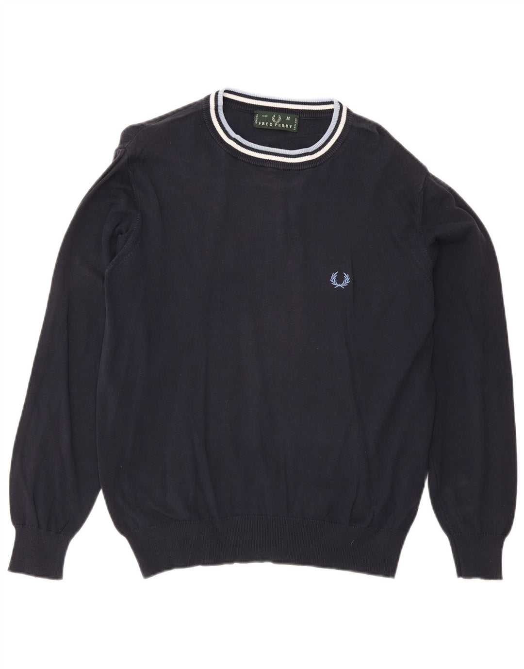 Fred Perry Herren-Pullover mit Rundhalsausschnitt, mittlere marineblaue gestreifte Baumwolle
