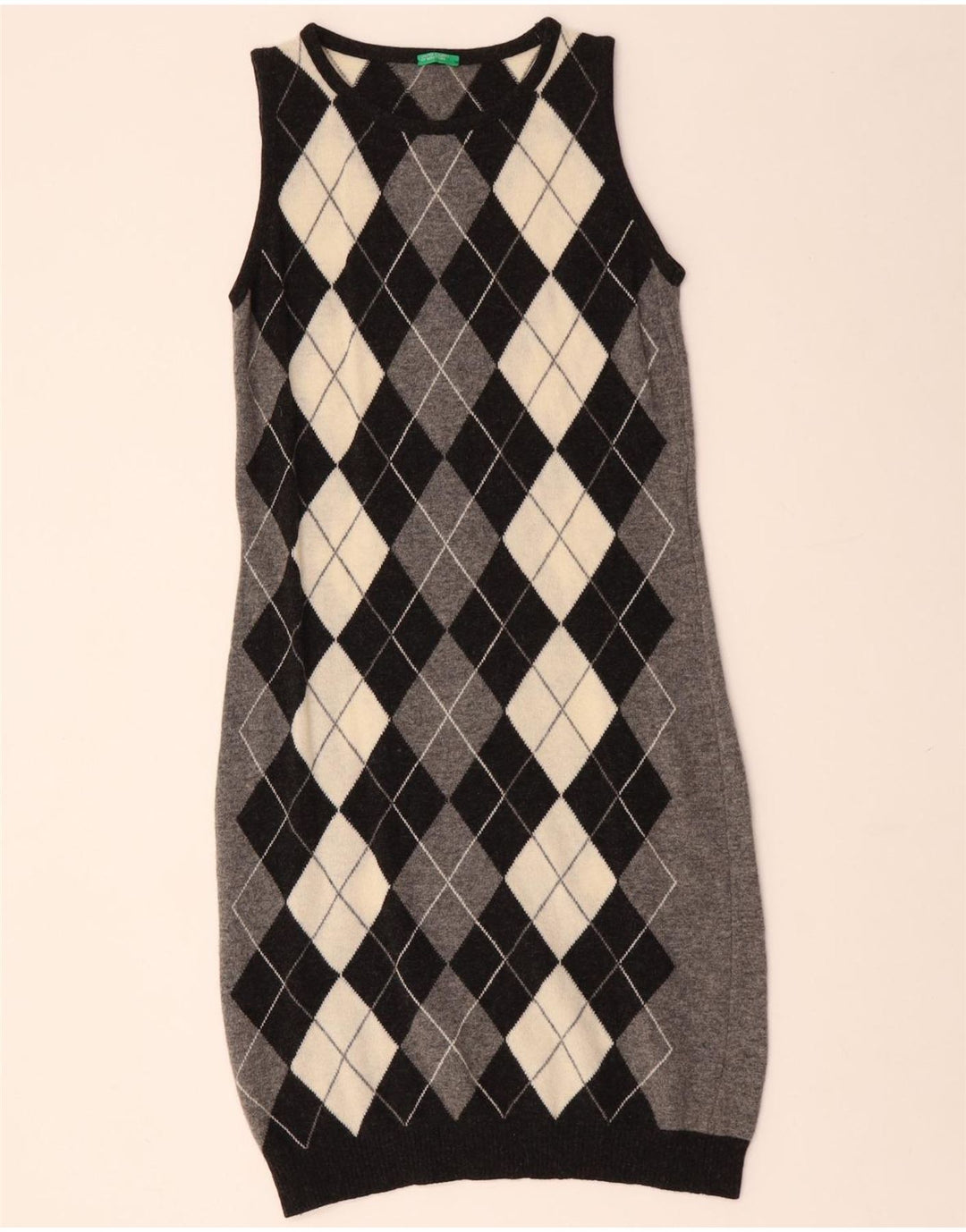 BENETTON Ärmelloses Pulloverkleid für Damen UK 12 Mittelgrau Argyle/Diamant