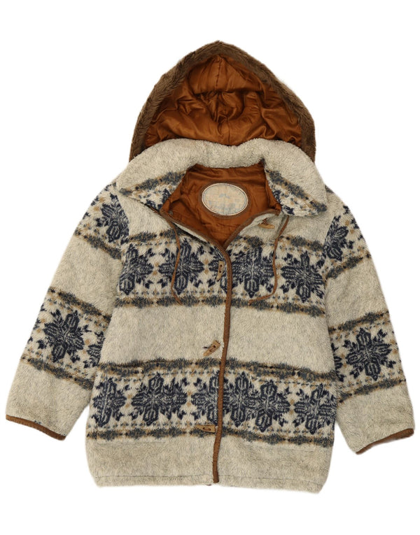 Vintage Damen Dufflecoat aus Kunstfell mit Kapuze, UK 14, Mittelgrau, Fair Isle