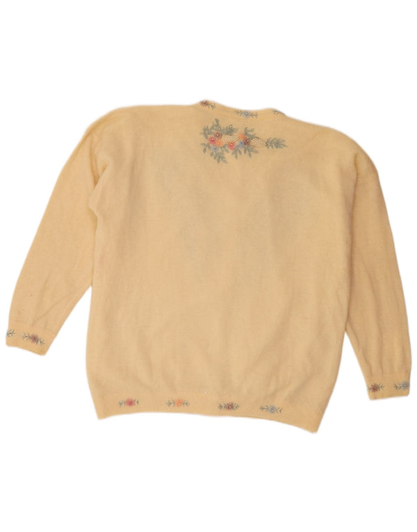 Vintage Damen Cardigan Pullover UK 14 Medium Beige Floral Lammwolle