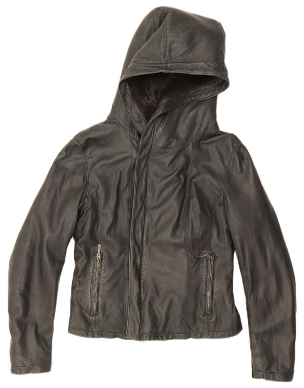 XETRA Damen Crop Hooded Lederjacke UK 12 Medium Schwarz