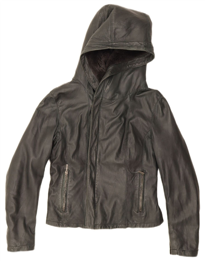 XETRA Damen Crop Hooded Lederjacke UK 12 Medium Schwarz