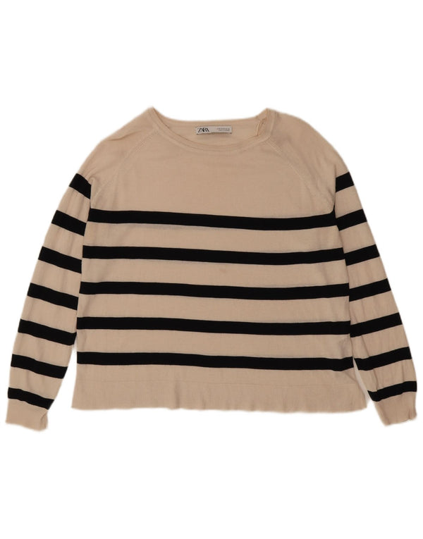 Zara Damen-Pullover mit U-Boot-Ausschnitt, UK 10, mittlere, cremefarbene, gestreifte Viskose