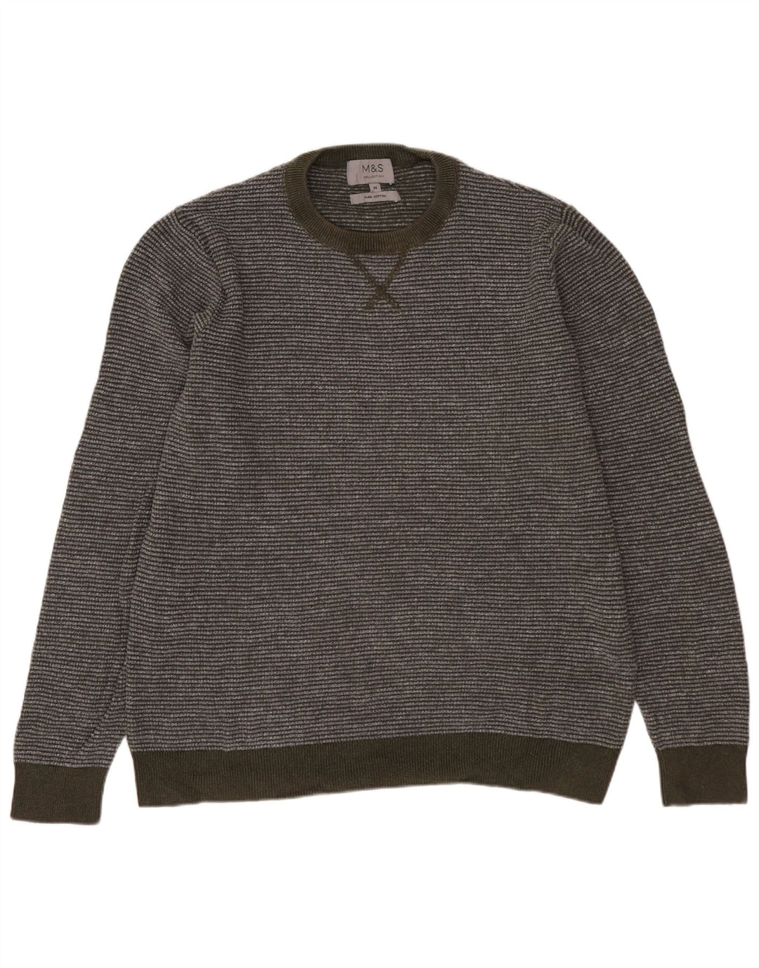 MARKS & SPENCER Herren-Pullover mit Rundhalsausschnitt, mittlerer Khaki-Streifen aus Baumwolle