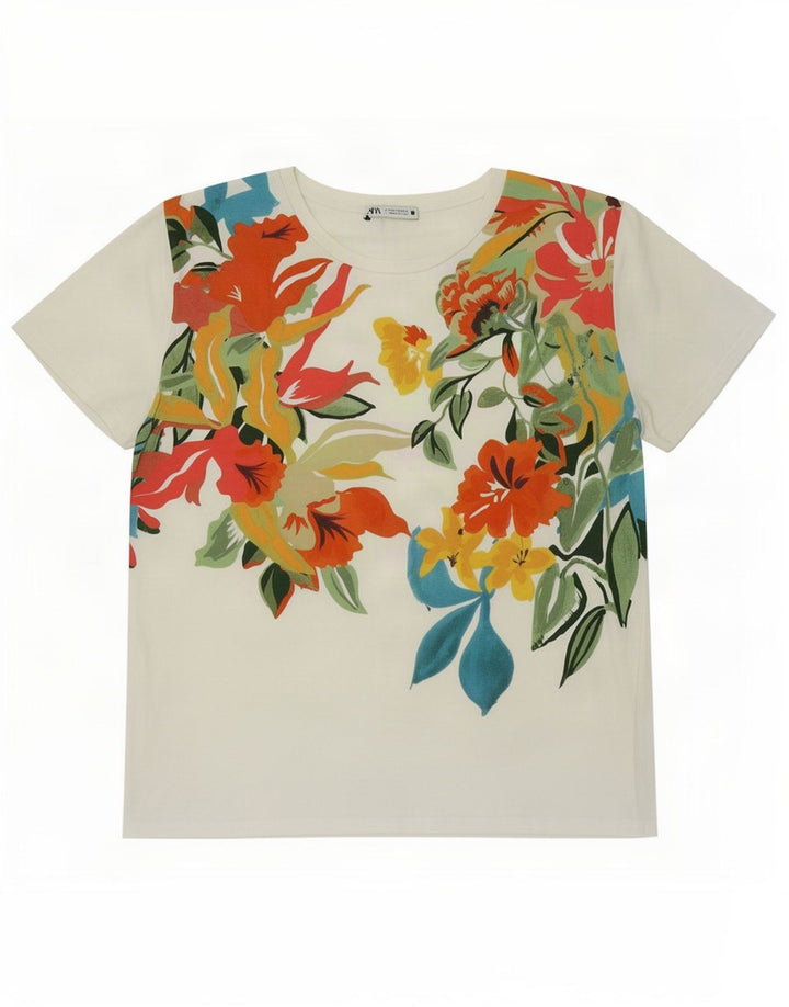 Zara Damen Grafik-T-Shirt-Oberteil UK 14 Mittelweiß geblümt