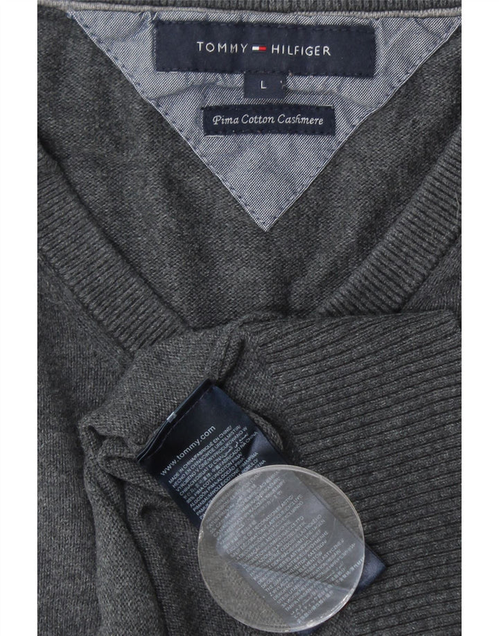 TOMMY HILFIGER Herren-Pullover mit V-Ausschnitt, groß, graue Baumwolle