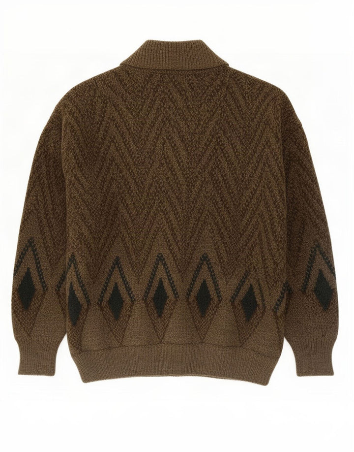 Vintage Herren Cardigan Pullover Medium Khaki Geometrische Wolle