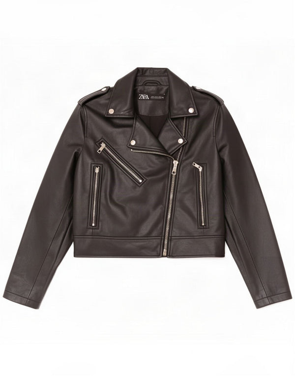 Zara Damen-Bikerjacke aus Kunstleder, UK 12, mittelschwarz, Polyurethan