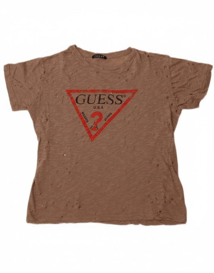 Guess Perforiertes grafisches T-Shirt-Oberteil für Damen, UK 14, Mittelbraun