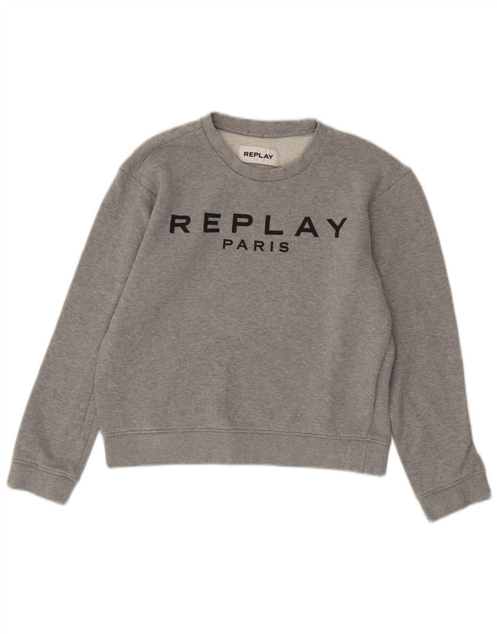 REPLAY Damen Paris Crop Graphic Sweatshirt Pullover UK 10 Small Grau Baumwolle